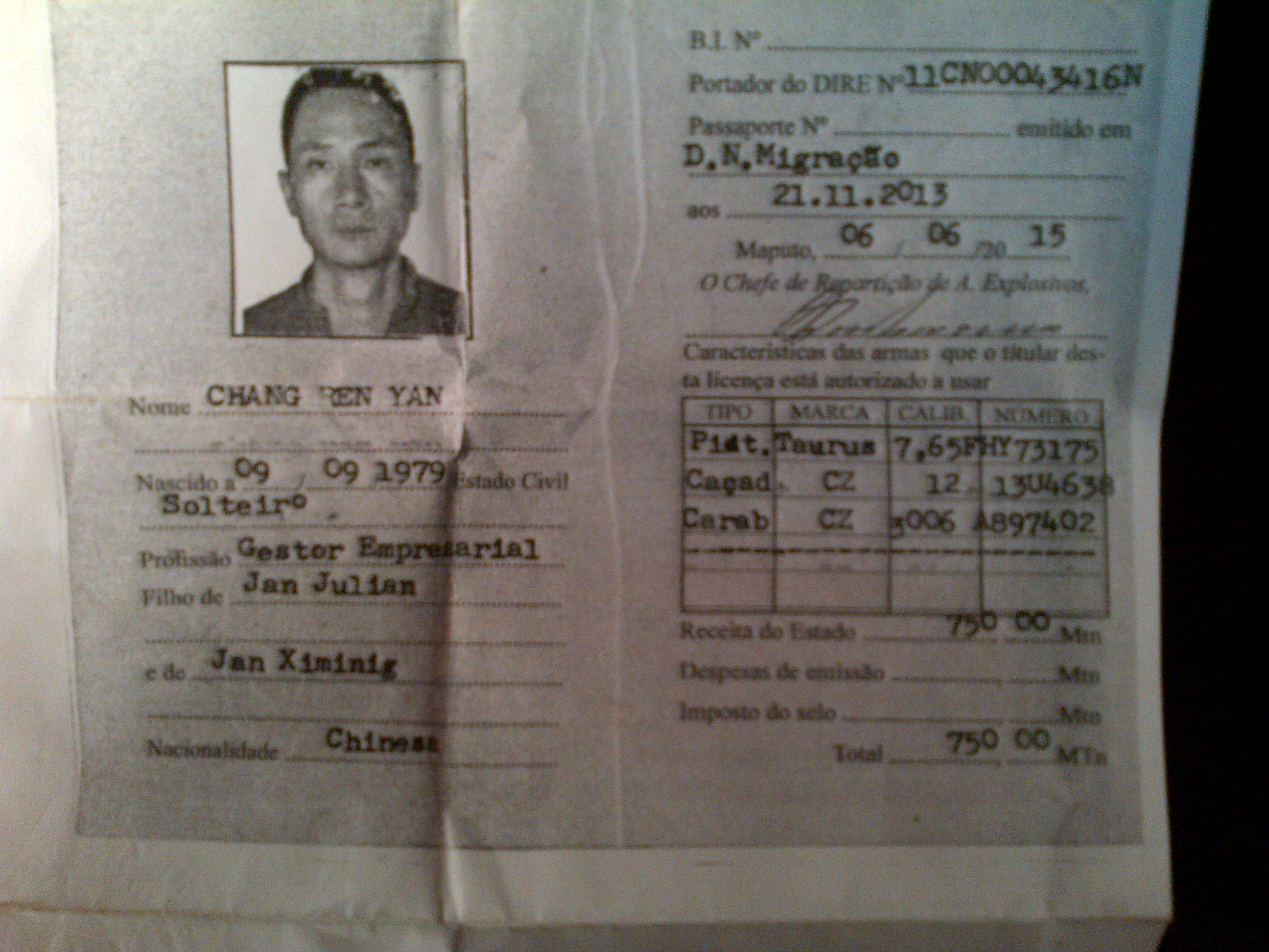 A fake Mozambique arms license provided to a Chinese poacher in Mozambique - courtesy law enforcement